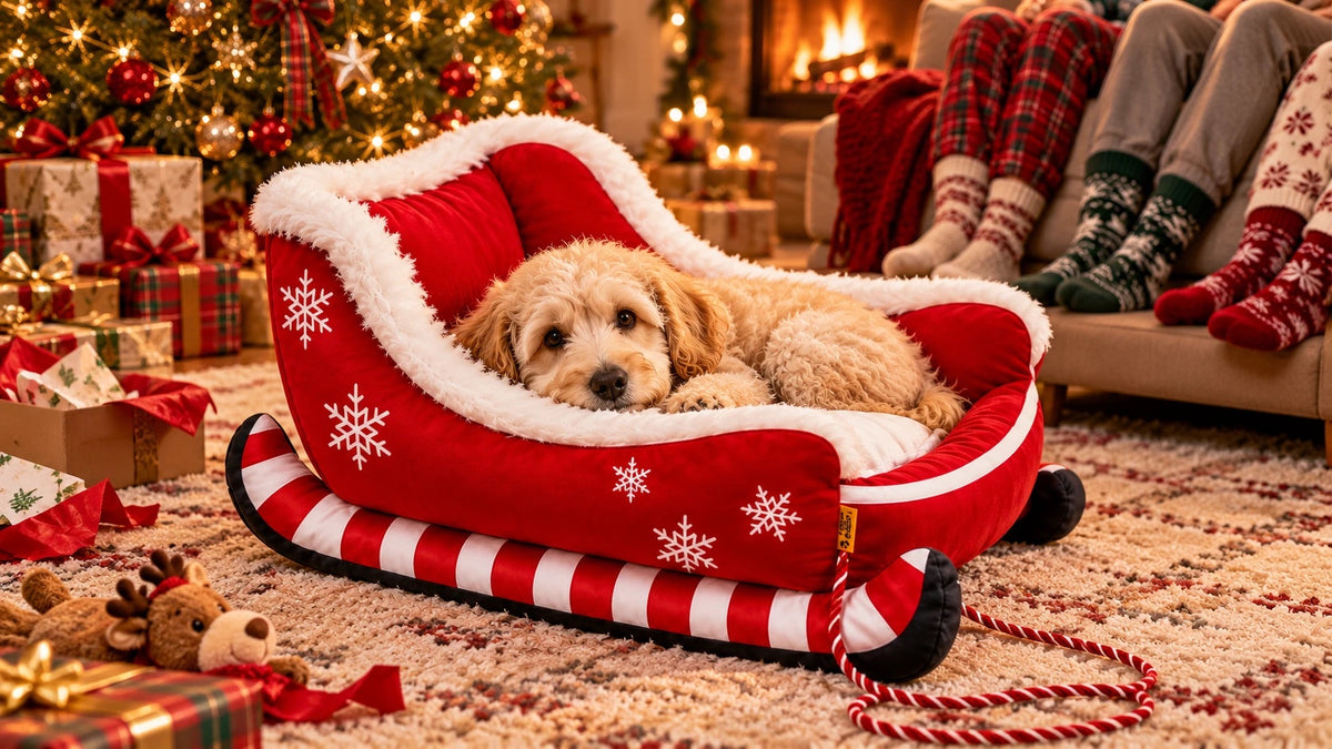 Dog in the sleigh pet bed on Christmas morning with the family