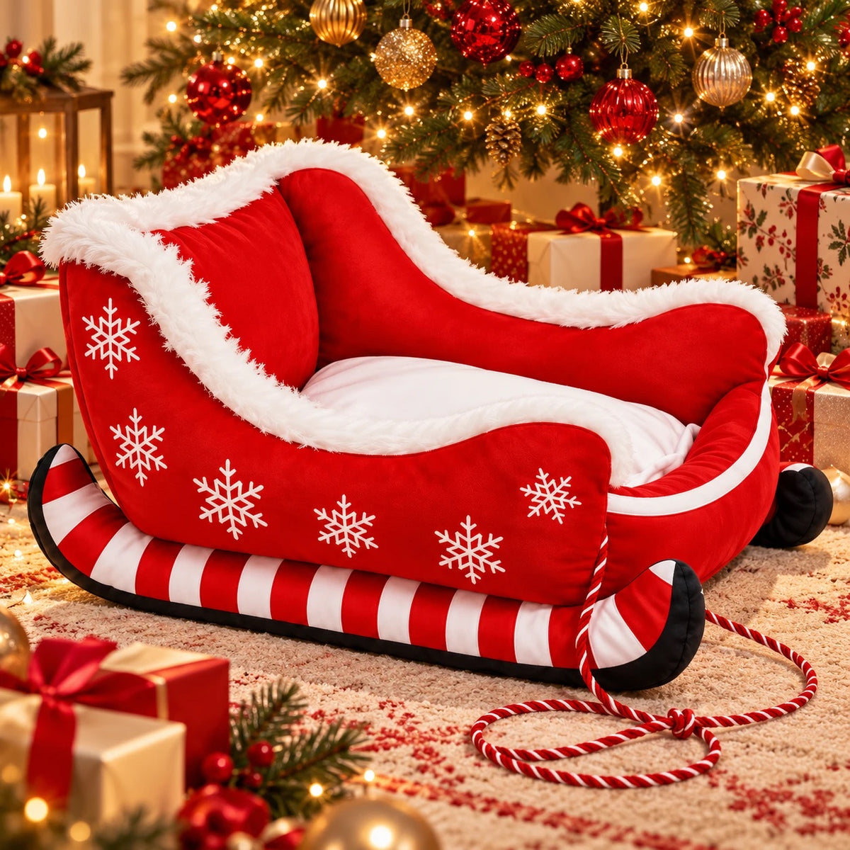 The sleigh pet bed styled under the Christmas tree