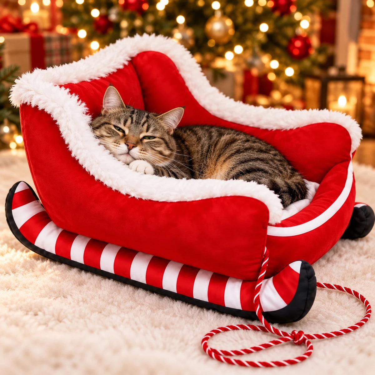 Cat resting its chin on the raised side of the sleigh pet bed