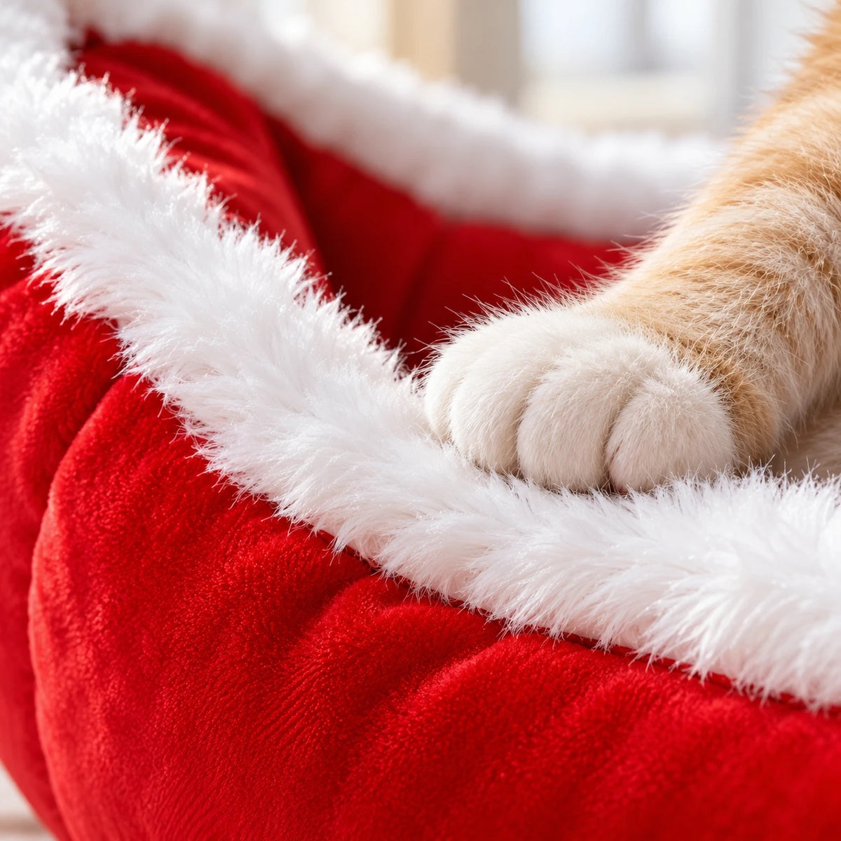Close-up of the velvet and faux-fur trim of the sleigh pet bed