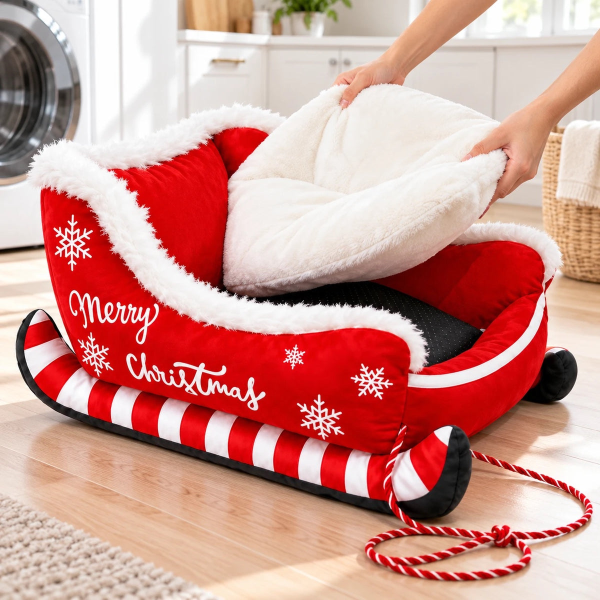 Lifting the washable cushion out of the sleigh pet bed