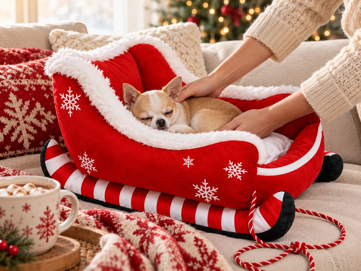 Chihuahua asleep in the sleigh pet bed on the couch
