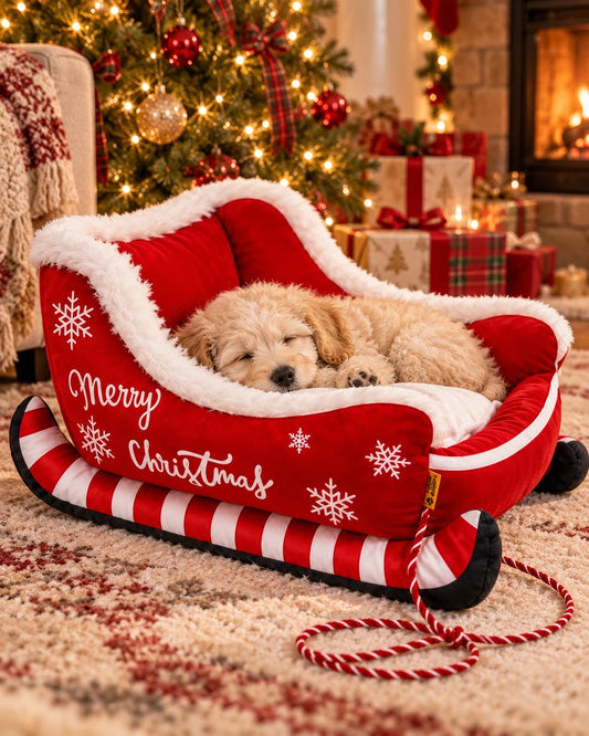 Puppy asleep in the SleighSnuggle Christmas sleigh pet bed by the tree