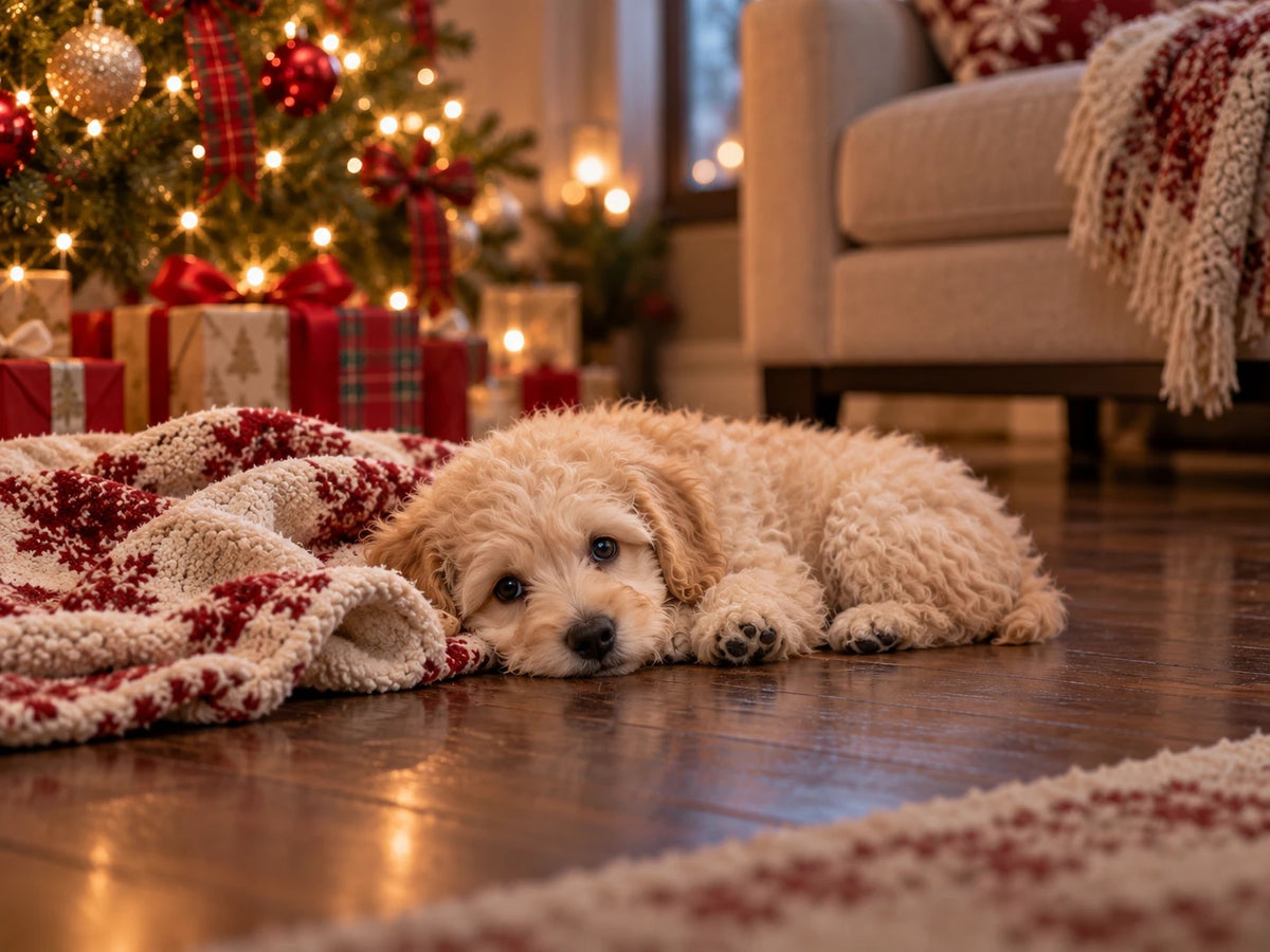 Puppy lying on the cold floor at Christmas