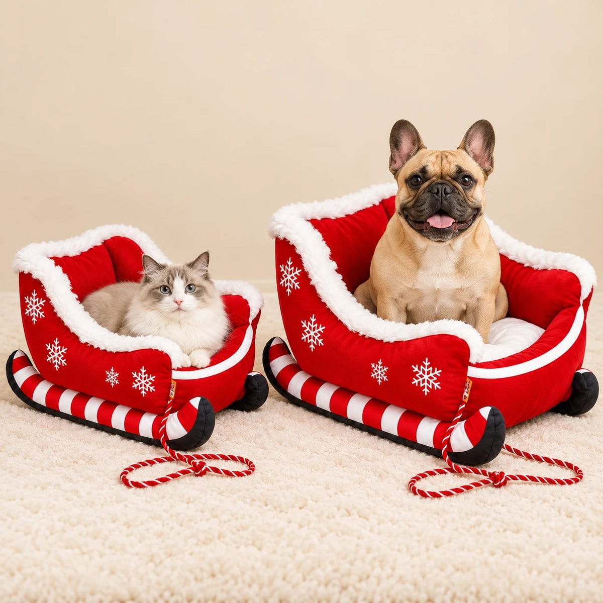 Small and Medium sleigh pet beds with a cat and a French bulldog