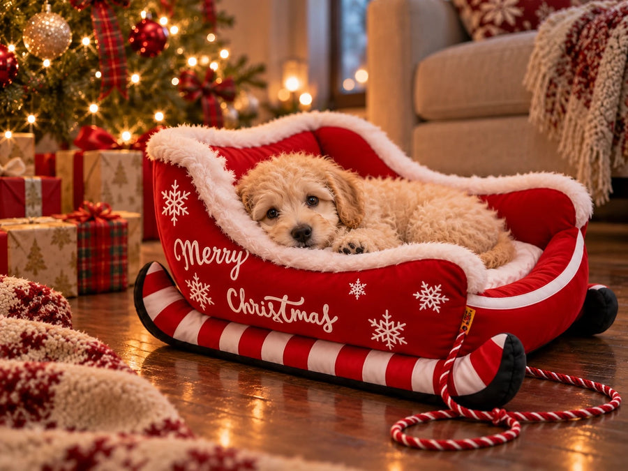 Puppy cozy in the sleigh pet bed next to the Christmas tree